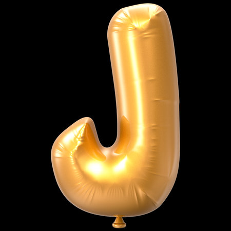 Golden letter J balloon font isolated on black background. 3d renderingの写真素材