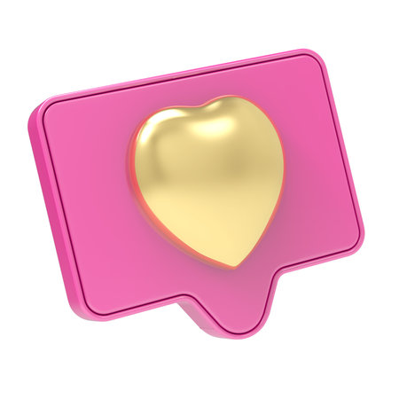 Pink speech bubble with golden heart, 3d render, square imageの写真素材