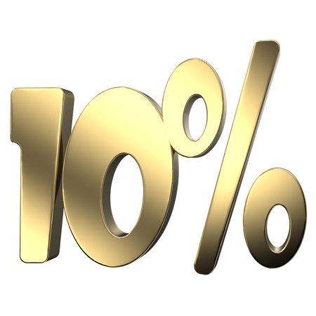 Gold ten percent off. Discount 10 %. 3D render.