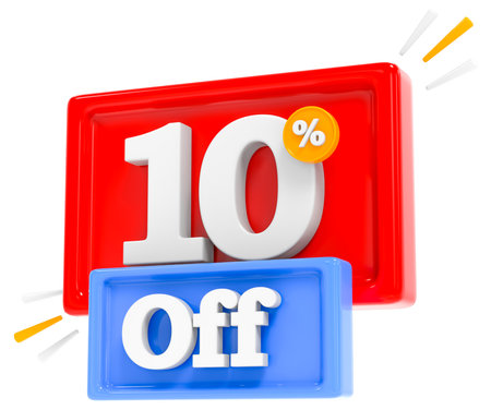 10 percent off discount on red and blue square button, 3D renderingの写真素材