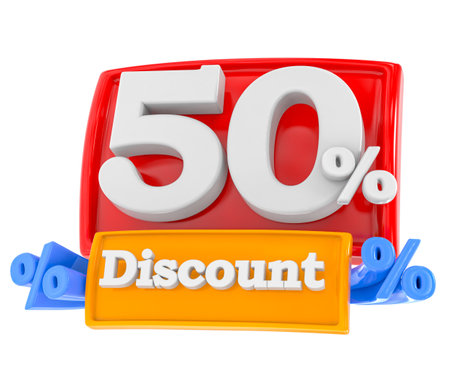 Discount 50 percent off. 3D illustration on white background.の写真素材