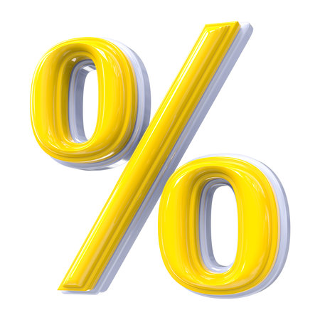 3d rendering of a percentage sign made of yellow plastic with a white backgroundの写真素材