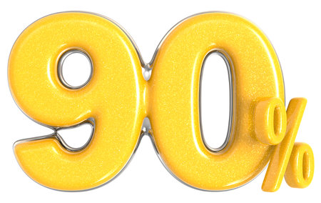 Yellow number 90 with a percent symbol isolated on white background, 3d render