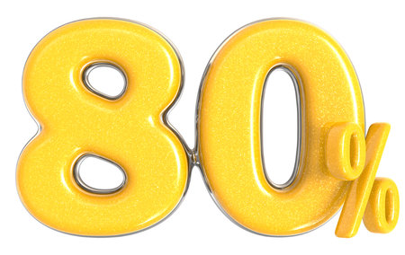 Gold number 80 with percentage sign, isolated on white background, 3d render