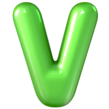Green jelly letter V isolated on white background, 3d render of bubble fontの写真素材
