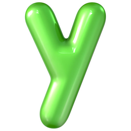 Glossy green letter Y isolated on white background, 3d renderの写真素材