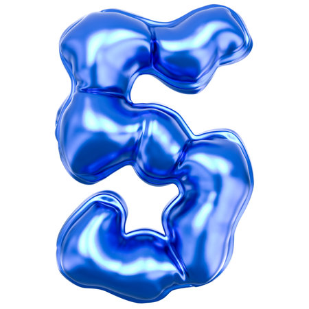 Shiny metallic 3D letter E in blue color isolated on white backgroundの写真素材