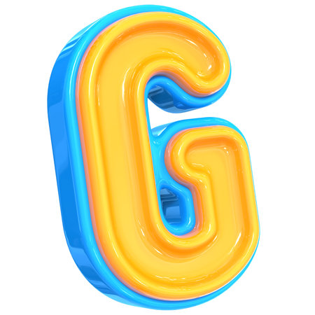 Yellow and blue jelly font Letter G 3D render illustration isolated on white backgroundの写真素材