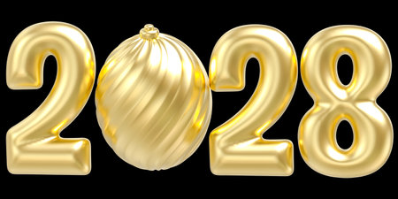 New Year numbers 2028 from gold balloons isolated on black background. 3d illustration