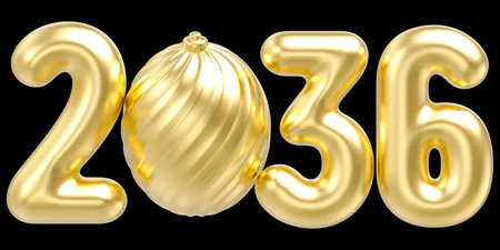 Happy New Year 2036. Gold balloon font. 3D Rendering