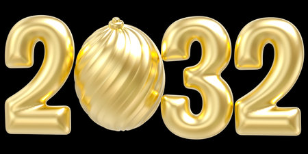 Golden 3d number 2023 made of inflatable balloon isolated on black background