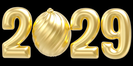 2029 gold balloon numbers isolated on black background. New Year concept. 3d illustration