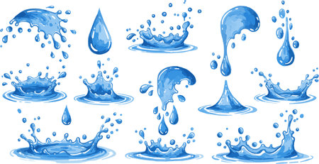 Set of water splashes and drops isolated on white background. Vector illustration.のイラスト素材