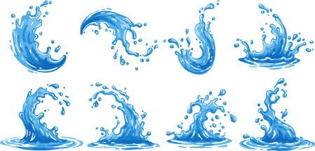 Blue water splashes set isolated on white background. Vector illustration.のイラスト素材