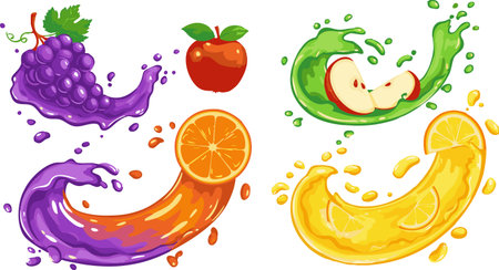 illustration of fruit and vegetable juices splashing on a white backgroundのイラスト素材