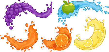 Illustration of fruits and juice splashes on a white background.のイラスト素材