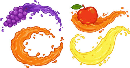 Illustration of a set of fruit splashes on a white backgroundのイラスト素材