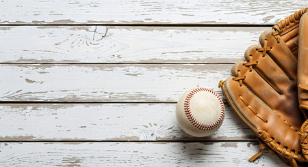Baseball and glove on white wooden background. Top view with copy spaceの素材