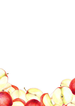 Red apples illsutration, as decortive ellement with fruits on white background. Hand drawing with colour pencil. For cards, banner, kitchen, food packing design.の写真素材