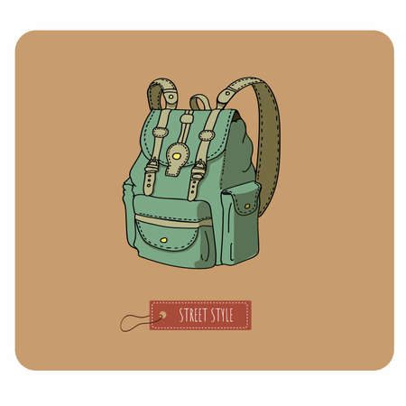Vector colourfull illustration of a backpack.Cartoon style illustration, element design, card, vintage, retro style.のイラスト素材