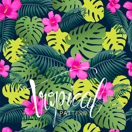 Seamless tropical pattern with hibiscus flowers, monstera and palm leaves.のイラスト素材