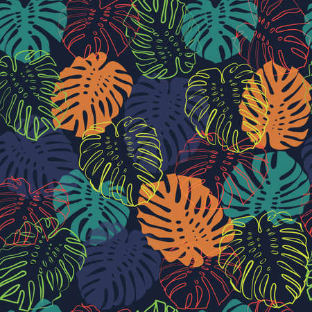 Beautiful seamless pattern of monstera leaves. Colorful exotic plants illustration in hand drawn style design for fashion, fabric, wallpaper and all prints.のイラスト素材