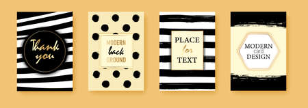 Set of creative universal cards with trendy hand drawn textures. Can be used as greeting card, banner, poster, invitation, postcard, brochure. Vector art frame for your text with gold and black.のイラスト素材