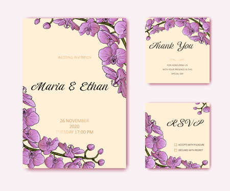 Vector floral pattern for wedding invitations, thank you, rsvp with pink orchid flowers.のイラスト素材