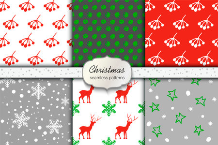 Vector set of abstract seamless patterns with hand drawn elements. Christmas and New Year concept. Winter ornaments for fabrics, surfaces, paper wrappingのイラスト素材