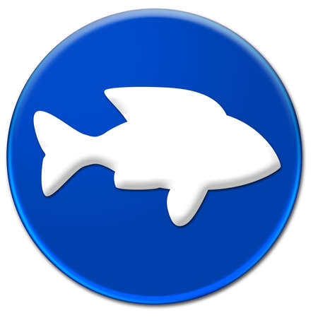 Fish sign on a blue glassy button isolated over white backgroundの写真素材