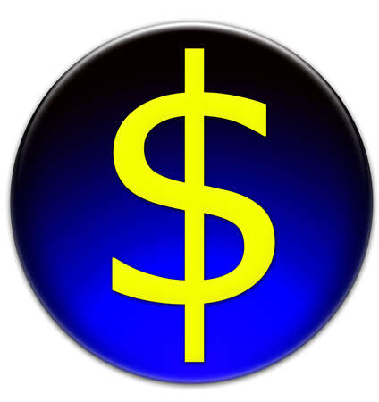 Golden dollar sign on a glassy blue button isolated over white backgroundの写真素材