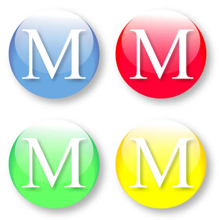 Letter M Times New Roman font type icons set on blue, red, green and yellow glassy buttons isolated on white background  Vector illustration may be resized to any scale without data lossesのイラスト素材