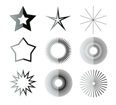 Black and white star shapes illustration set. Different star forms isolated over white background