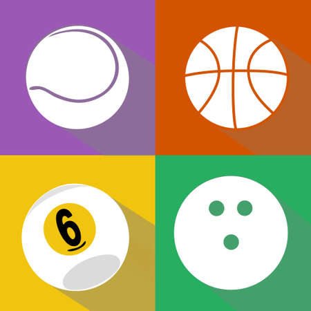 A vector set of white sport balls icons with shadows isolated over colored background. Tennis, basketball, billiard and bowling balls flat design illustrationのイラスト素材