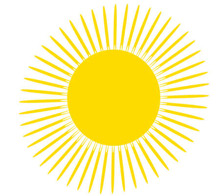 Yellow sun with rays illustration. Simple child's drawing isolated over white backgroundの写真素材