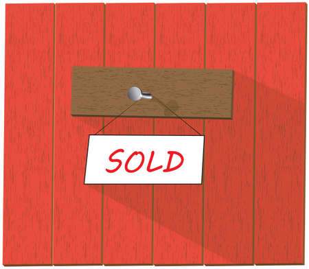 Vector wooden fence and a sign saying Sold, isolated over white background vector illustrationのイラスト素材