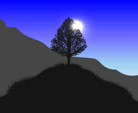 Vector hill with a lonely tree on the top. Hills and mountains covered with grass in the lights of the daylight sunのイラスト素材