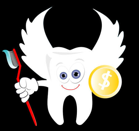 Funny cartoon Tooth Fairy with a golden dollar coin and a toothbrushのイラスト素材