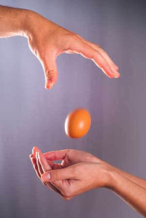Chicken egg falling down from a man's hand to woman's hands. Trust and confidence conceptual photoの写真素材