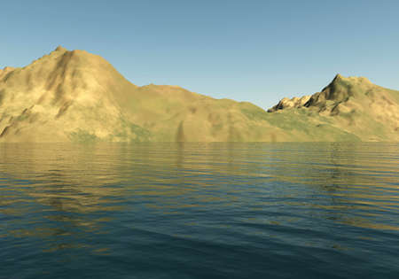 Mountains landscape and sea 3D illustration, sandhills and waterの写真素材
