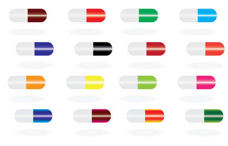 Colored pills and drugs isolated over white background, medical pill and tablet icons  illustration setのイラスト素材