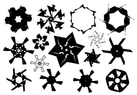 Black and white stars and snowflakes shapes isolated over white background, vector illustration set, vector icons collectionのイラスト素材