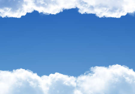 White clouds frame template isolated over blue background, realistic cloud 3D illustration. Cloud...