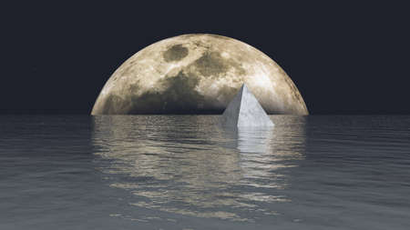 Stone pyramid sailing in the sea in the full moon lights, 3D illustration