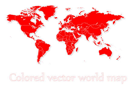 Colored vector world map illustration isolated over white background. Flat globe, earth template. World map icons isolated set. Silhouette, traveling outline shapesのイラスト素材