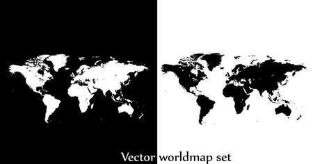 Vector world map illustration isolated over white and black background. Flat globe, earth template. World map icons isolated set. Silhouette, traveling outline shapesのイラスト素材