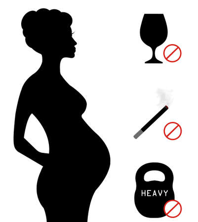 Pregnant woman with prohibited products silhouette vector illustration, pregnancy conceptual vector outline isolated over white backgroundのイラスト素材