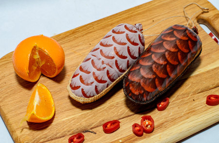 Tasty sausages and vegetables isolated over solid background, food photography for restaurants and cafesの写真素材