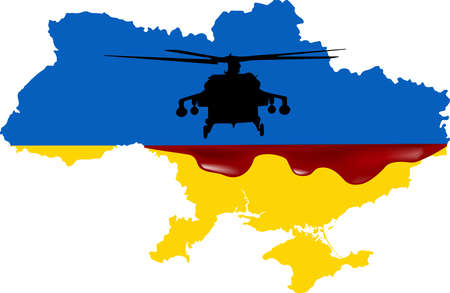 Map of Ukraine with a military helicopter and Ukrainian flag background. Stop war in Ukraine conceptのイラスト素材