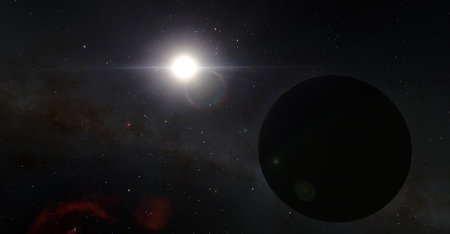 Dark planet and the sun. Sun rays and and a planet 3d illustration background, the Universe...